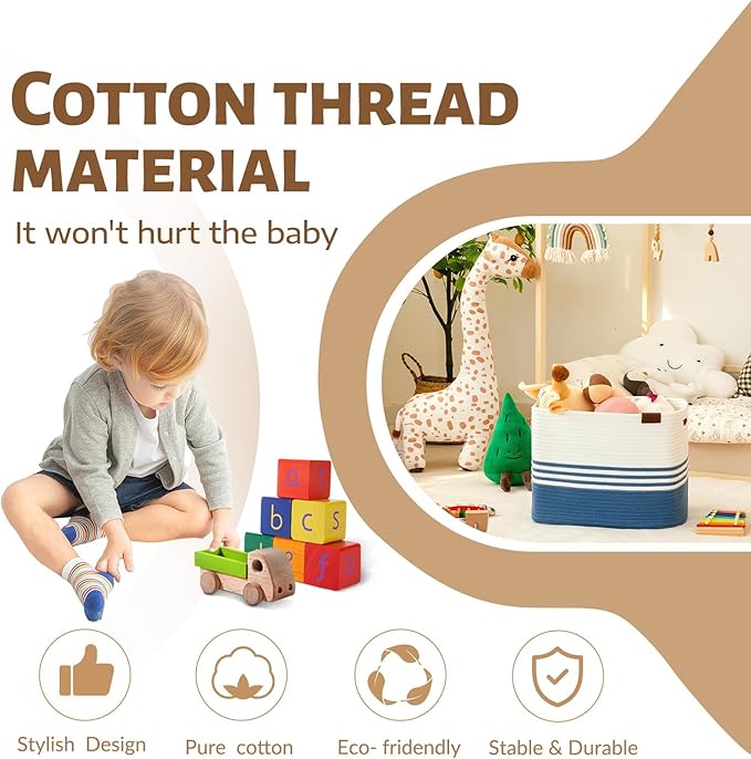 Storage Baskets, 42L*2 Pack Storage Baskets for Organizing, Laundry Basket for Closet, Cotton Rope Blanket Basket for Storage, Toy Storage Basket for Living Room, Laundry Room, Bedroom-Navy