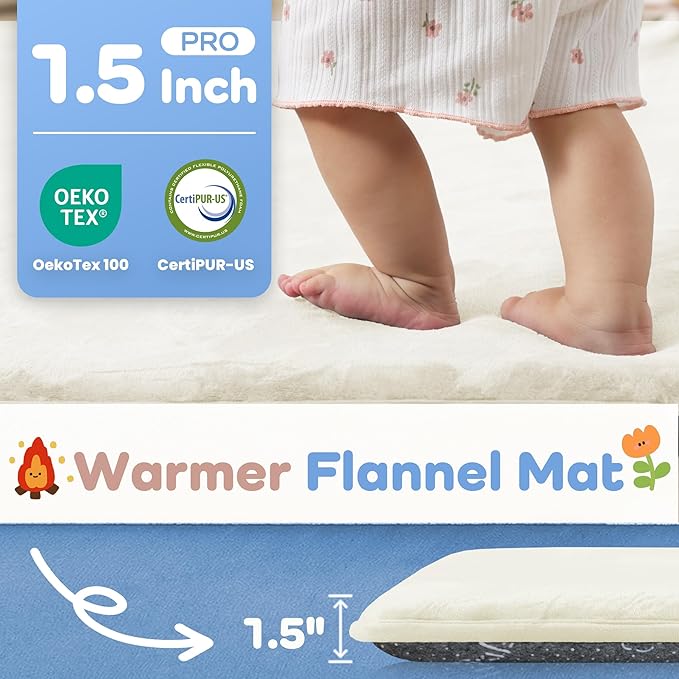 1.5" Thick Baby Play Mat for Floor, 39x59 Playpen Mat, Pro Soft Flannel Foam Mats Toddler Infant Kids Crawling for Nursery Rug Playroom Living Room Waterproof Easy Care Non-Slip (Cream)