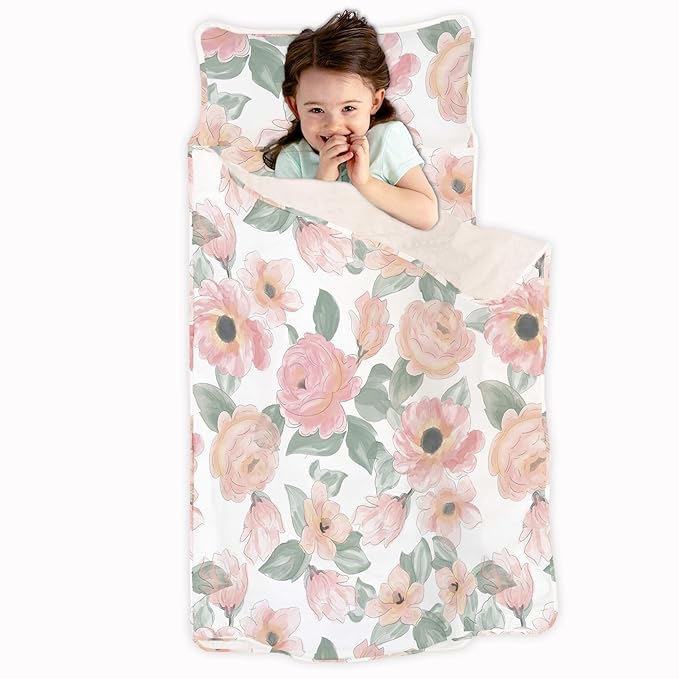 JumpOff Jo Nap Mat for Kids - Cozy Kids Rest Mat with Removable Pillow and Ultra Soft Blanket for Preschool, Daycare, and Sleepovers - Floral Watercolor