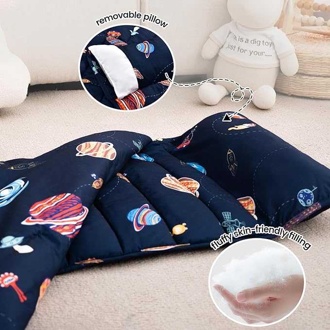 PHF Space Toddler Nap Mat Set, with Removable Pillow for Toddler Boys Girls, Soft and Lightweight for Daycare, Preschool, Travel, Kindergarten Sleeping Bag, Fits Ages 3-6 Years, Space