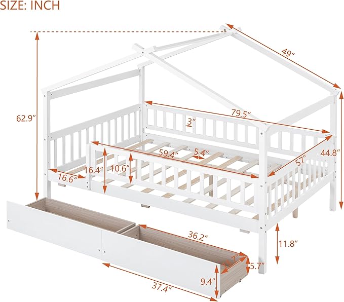 Full House Bed with 2 Storage Drawers, Kids Full Bed Frame with Rails and Roof, Tent Bed, Wooden Full Daybed, Full Montessori Bed for Kids Teens Girls & Boys, No Box Spring Needed (White)