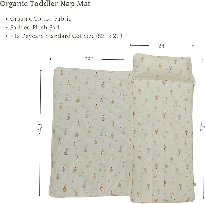 Organic Toddler Nap Mat – 100% Cotton Kids Washable Sleeping Mat & Detachable Pillow – Sleeping Bag with Soft 1.5” Pad – Ideal Nap Mat for Daycare, Preschool, & Sleepovers