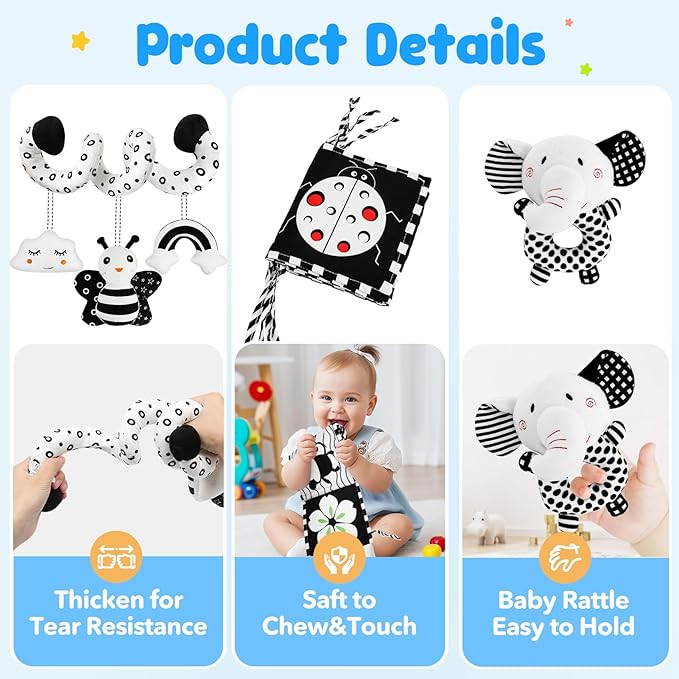 TSYAN High Contrast Baby Toys for Babies 0-6 Months, Black and White Baby Sensory Toys with Car Seat Toys,Infant Toys with Black White Book, Hanging Rattle Toys for Baby Gifts