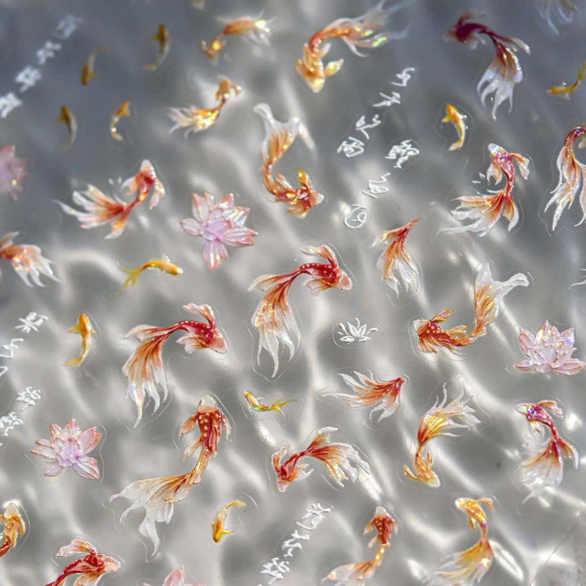 Koi Fish Nail Stickers for Nail Art Goldfish Lotus Nail Decals with Shell Light Effect 5D Embossed Stickers for Nails Designs Self Adhesive Nail Art Supplies & Decorations for Women Girls 1 Sheet
