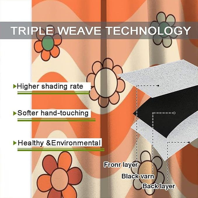 70s Boho Retro Curtains for Bedroom,Groovy Vintage Floral Rainbow Window Treatments Drapes for Kids Girls Window 72"" W X 63"" L, Style-6