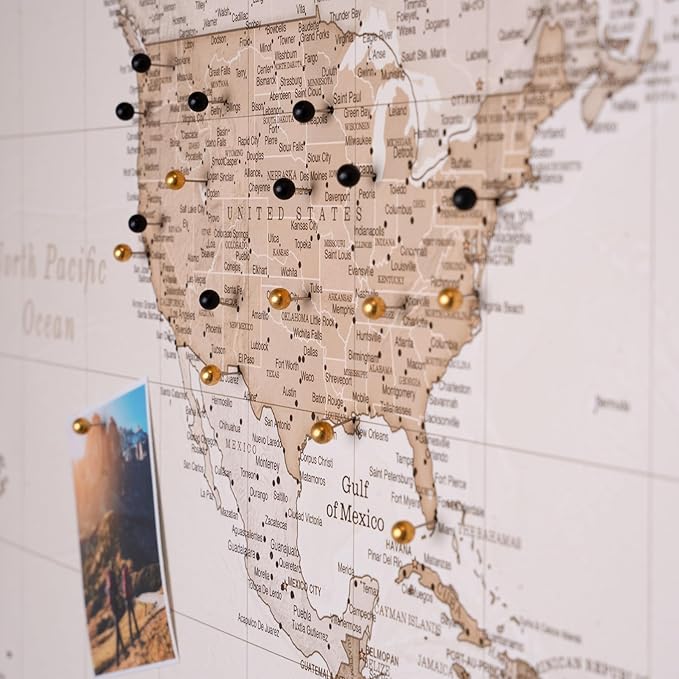 Canvas World Map with Cork Pin Board - English Lettering - Decorative Wall Decoration for All Rooms - Canvas Pictures with World Map Motif (70x50 cm, Pattern 8)