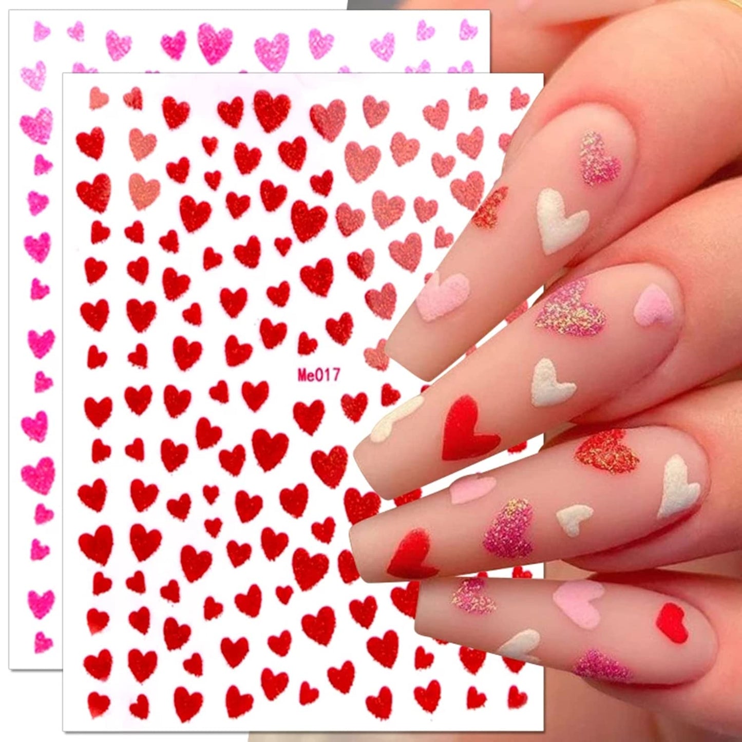 10 Sheets Heart Nail Stickers - 3D Self-Adhesive Valentine's Day Nail Art Stickers - Shiny Love Heart Nail Decals - Gold, Silver, Black