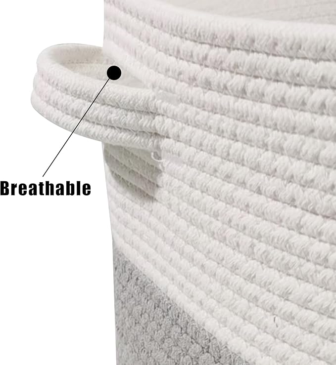 Large Storage Basket with Lid 60L, 16"Wx18"H Woven Laundry Basket with Lid Cotton Laundry Basket, Wicker Basket Blankets Pillows Storage in Living Room Baby Nursery, Dark Gray/Gray/White Mix with Lid