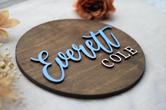 Custom Round Nusery Name Sign, Personalized 3D Baby Name Announcement Sign, Personalized Wooden Wall Plaque, 3D Wall Art for Children & Kids Rooms, Family Name Signs, 30 Colors (Design 7)