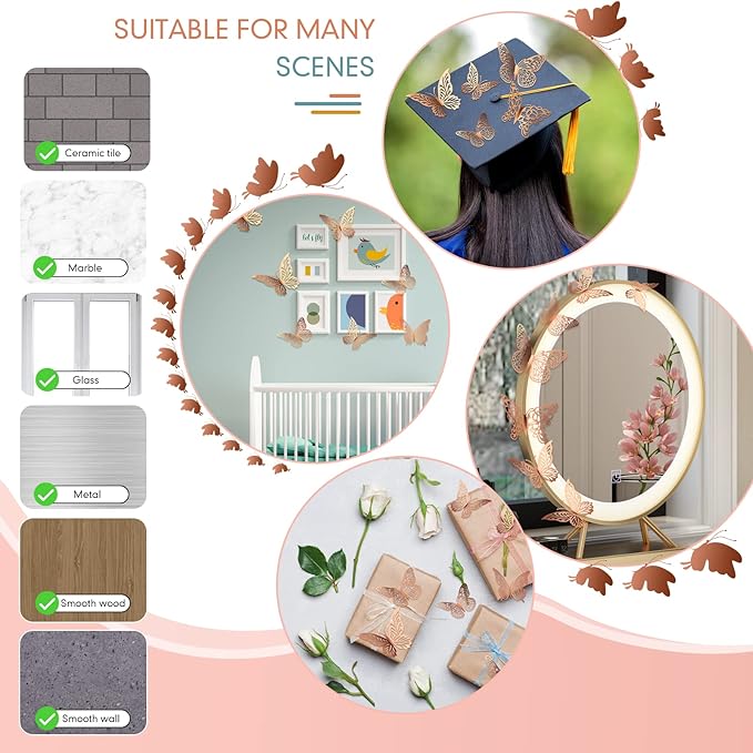 3D Gold Butterfly Wall Decor 3 Sizes 4 Styles Butterfly Party Decorations Cake Decorations Removable Stickers Wall Decor Room Mural Metallic Kids (Rose Gold, 48Pcs)