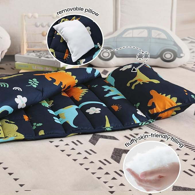 PHF Large Dinosaur Toddler Nap Mat Set, with Removable Pillow for Toddler Boys, Soft and Lightweight for Daycare, Preschool, Travel, Kindergarten Sleeping Bag, Fits Ages 3-6 Years, Large Dinosaur