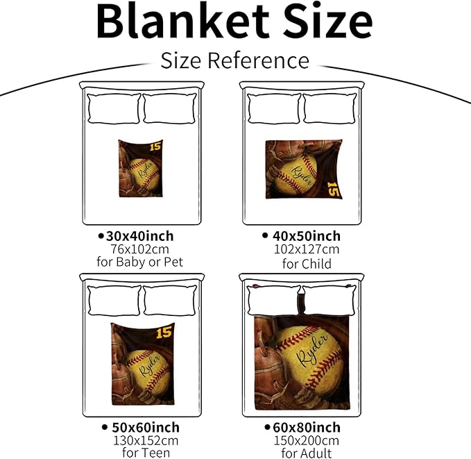 Custom Baby Softball Blanket with Name Number: Personalized Fluffy and Warm Gift for Baby Toddler Kids and Adults Birthday Skin-Friendly Flannel Fabric(40"x50")