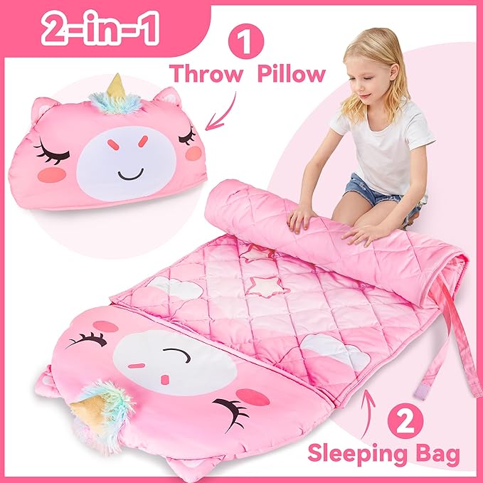 iPlay, iLearn Kid Sleeping Bag, Unicorn Slumber Sack, Toddler Girl Nap Mat, 2 in 1 Pink Animal Cushion Blanket, Happy Travel Sleepover Daycare Preschool Birthday Gift for 3 4 5 6 Year Old Child