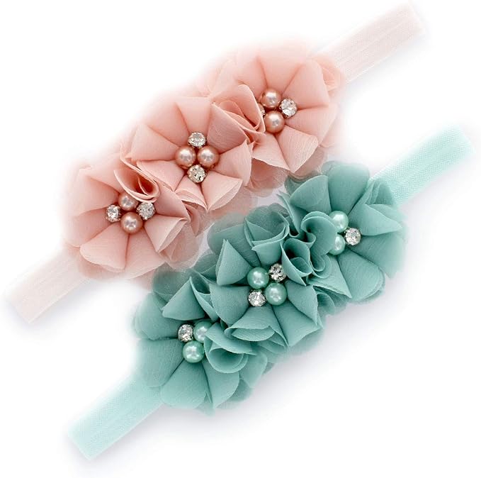 My Lello Flower Headbands Baby - Girls - Toddler Fabric Beaded Stretchy Elastic Pair