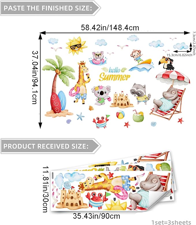 Cute Jungle Theme Wall Stickers Removable Animal Forest Wall Decals Elephant Monkey Lion Giraffe Zebra Peel and Stick Tropical Wall Art Decor for Nursery Bedroom Classroom (Colourful 2)