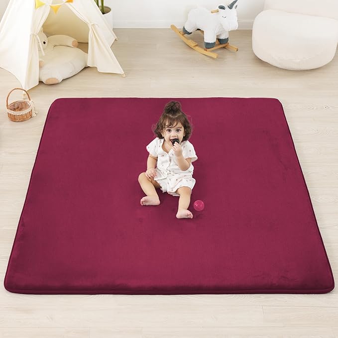 1.3" Thick Baby Floor Play Mat 50x50, Basic Padded Foam Mat for Tummy Time Crawling, Non Slip Cushioned for Babies Toddlers Infants Kids (Burgundy)
