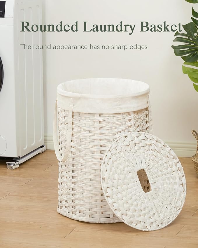 Laundry Hamper with Lid Laundry Basket with Lid 19.0 Gal (72 L) Round Wicker Laundry Basket Handwoven Rattan Basket with Lid Removable Bag 2 Mesh Bags Handles for Living Room Bathroom White