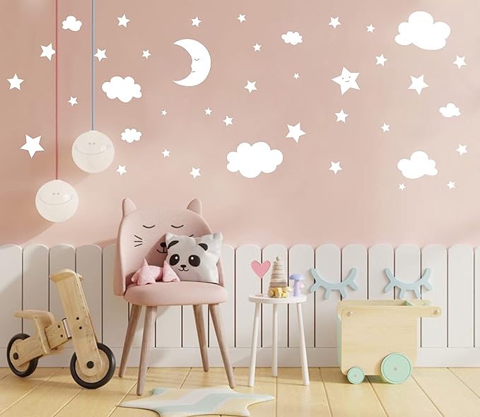 Crescent Moon Stars and Clouds Wall Decals Moon and Stars Nursery Wall Stickers Starry Sky Playroom Decor Kids Rooms Mural Kids Room Wall Art Y59 (White)