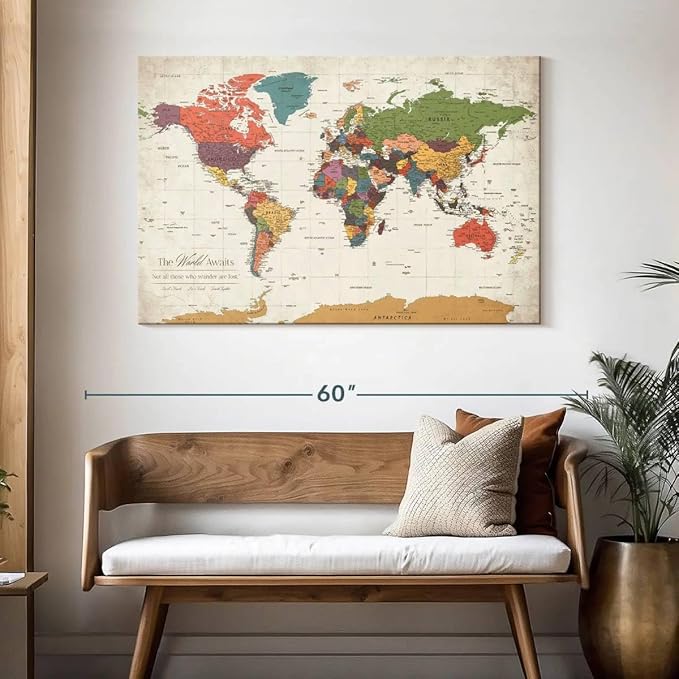 ElephantStock - Personalized World Awaits II Push Pin World Map Wall Art - Horizontal Canvas Wall Art - Living Room Wall Decor - Digital Art Map Canvas Art - Green And Beige Decor - 48" x 32"