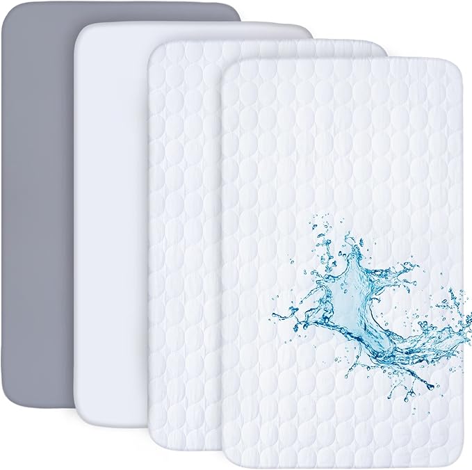2 Pack Fitted Crib Sheets & 2 Pack Waterproof Crib Mattress Protectors, Baby Bedding Set Grey and White, Ultra Soft Breathable Sheets, Quiet Mattress Pad Covers, Fits 52" x 28"