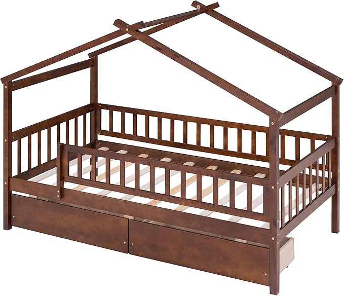 Twin House Bed with 2 Storage Drawers, Kids Twin Bed Frame with Rails and Roof, Tent Bed, Wooden Twin Daybed, Twin Montessori Bed for Kids Teens Girls & Boys, No Box Spring Needed (Walnut)