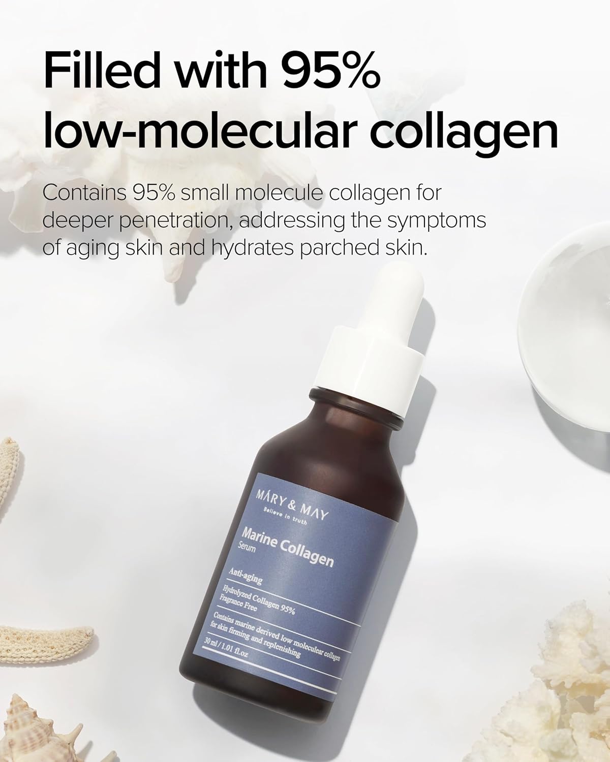 Mary&May Marine Collagen Serum - Hydrolyzed Low Molecular Collagen for Skin Firming and Replenishing, Hydrating - Korean Skincare, Fragrance Free, 1.01 fl.oz.
