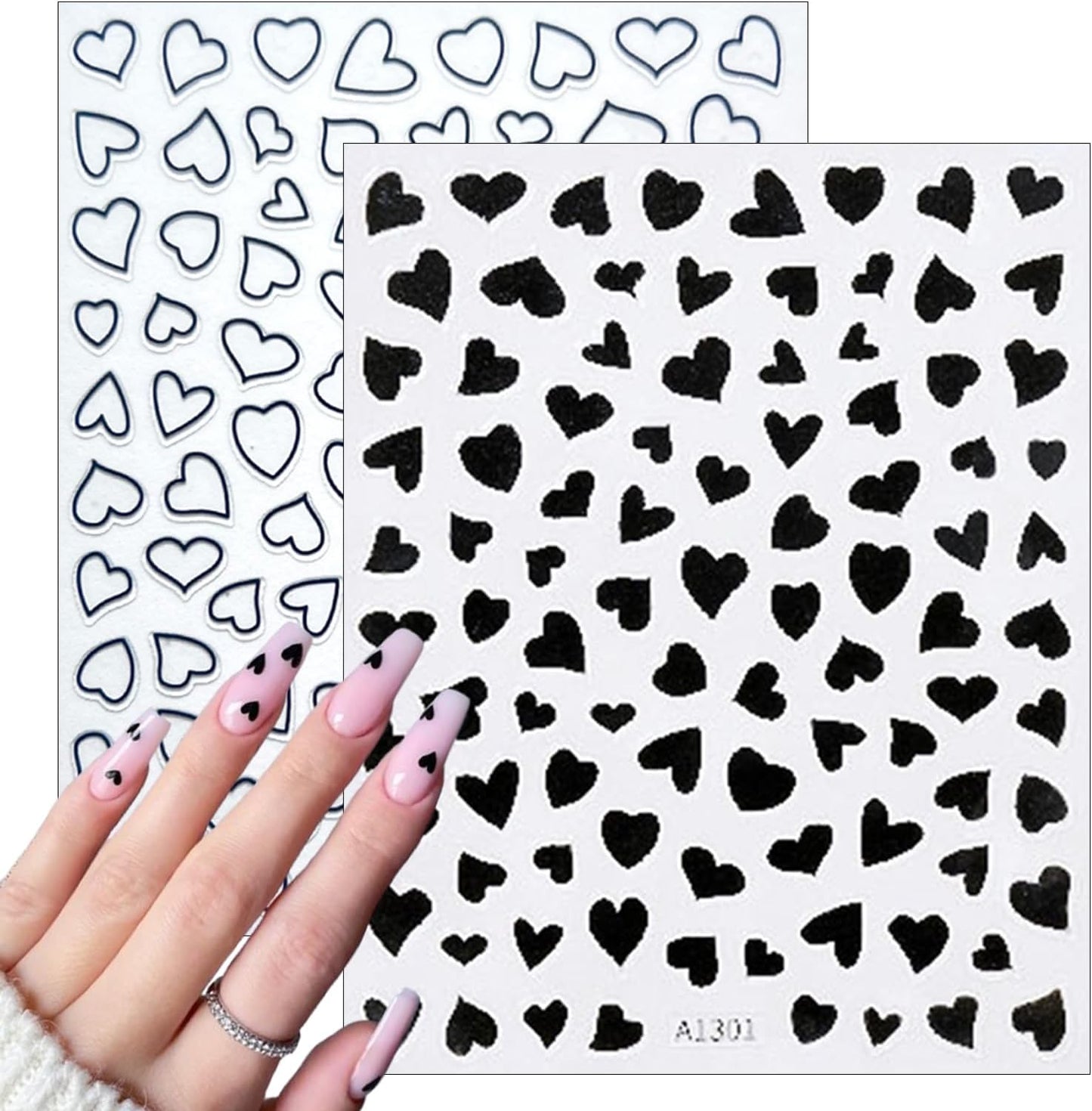 6 Sheets Valentine's Day Heart Nail Art Stickers Decals 3D Self-Adhesive Nail Decals Cute Red and Black Hollow Out Heart Nail Supplies for Women and Girls Valentines DIY Manicure Decorations