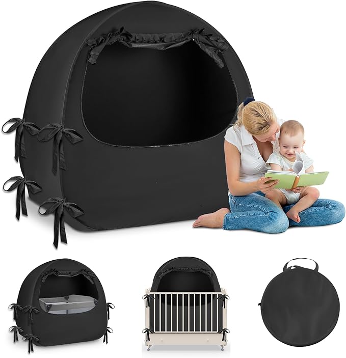 Crib Blackout Tent for Pack N Play, Pop Up Travel Crib Blackout Cover Canopy, Breathable Baby Sleep Pod with Safe Bottom Design, Blocks 70% Light