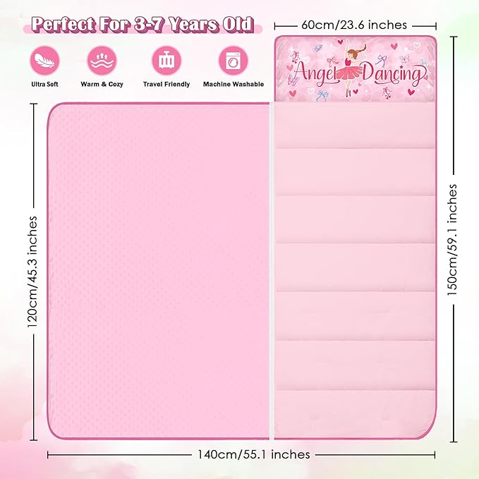 Toddler Nap Mat Kids Sleeping Bag 59"×24", Soft Slumber Bag with Removable Pillow and Blanket for Kids Girls Boys,Roll Up Sleeping Mat Thick for Camping,Daycare, Kindergarden