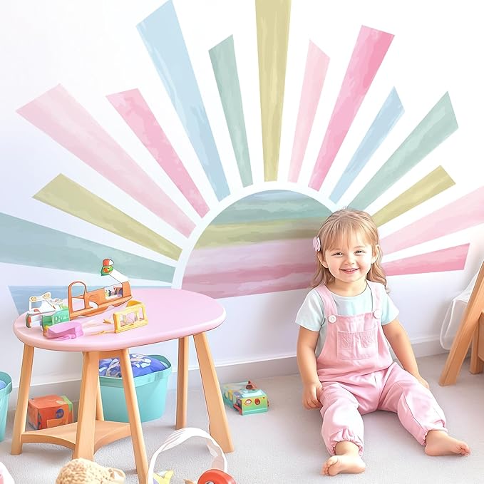 Large Boho Half Sun Wall Decals, Sunshine Peel and Stick Fabric Nursery Wall Decor, Removable Home Room Decor Murals Stickers for Kids Girls Toddler Bedroom Living Room Playroom
