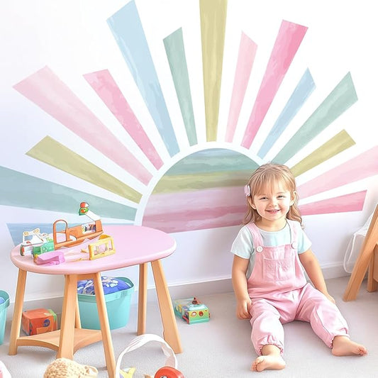 Large Boho Half Sun Wall Decals, Sunshine Peel and Stick Fabric Nursery Wall Decor, Removable Home Room Decor Murals Stickers for Kids Girls Toddler Bedroom Living Room Playroom