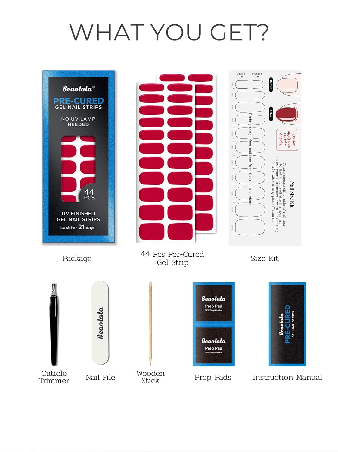 Pre Cured Gel Nail Strips - 44PCS Salon Quality Gel Nail Stickers - Long Lasting Polish Wraps for Women no UV Light Needed Easy Apply& Remove (Parisian Red）