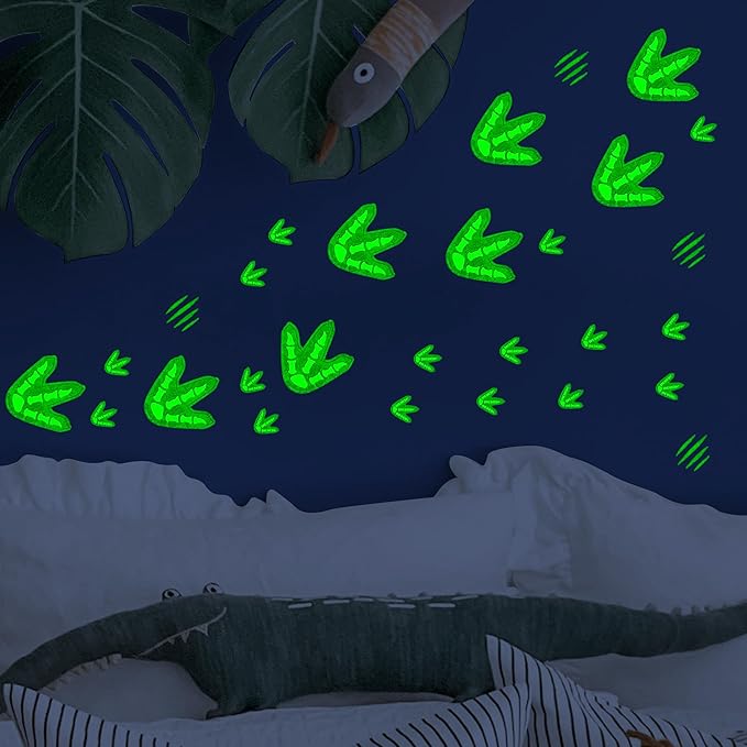 Glow in The Dark Dinosaur Footprints Wall Decals, Peel and Stick Cute Dino Track Stickers for Kids, Removable Dinosaur Wall Stickers for Baby Nursery Bedroom