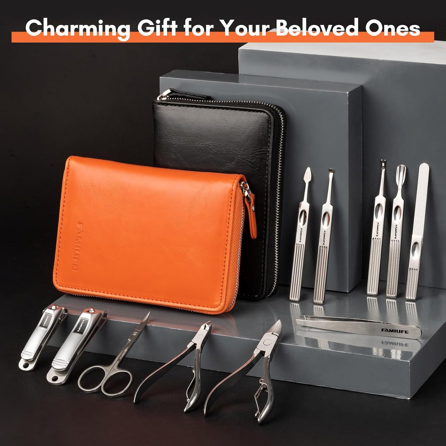FAMILIFE Professional Manicure Set, Manicure Kit, Nail Clippers Set, 11 in 1 Stainless Steel Orange Pedicure Tool, Nail Kit with Portable Leather Travel Case Luxury Gifts