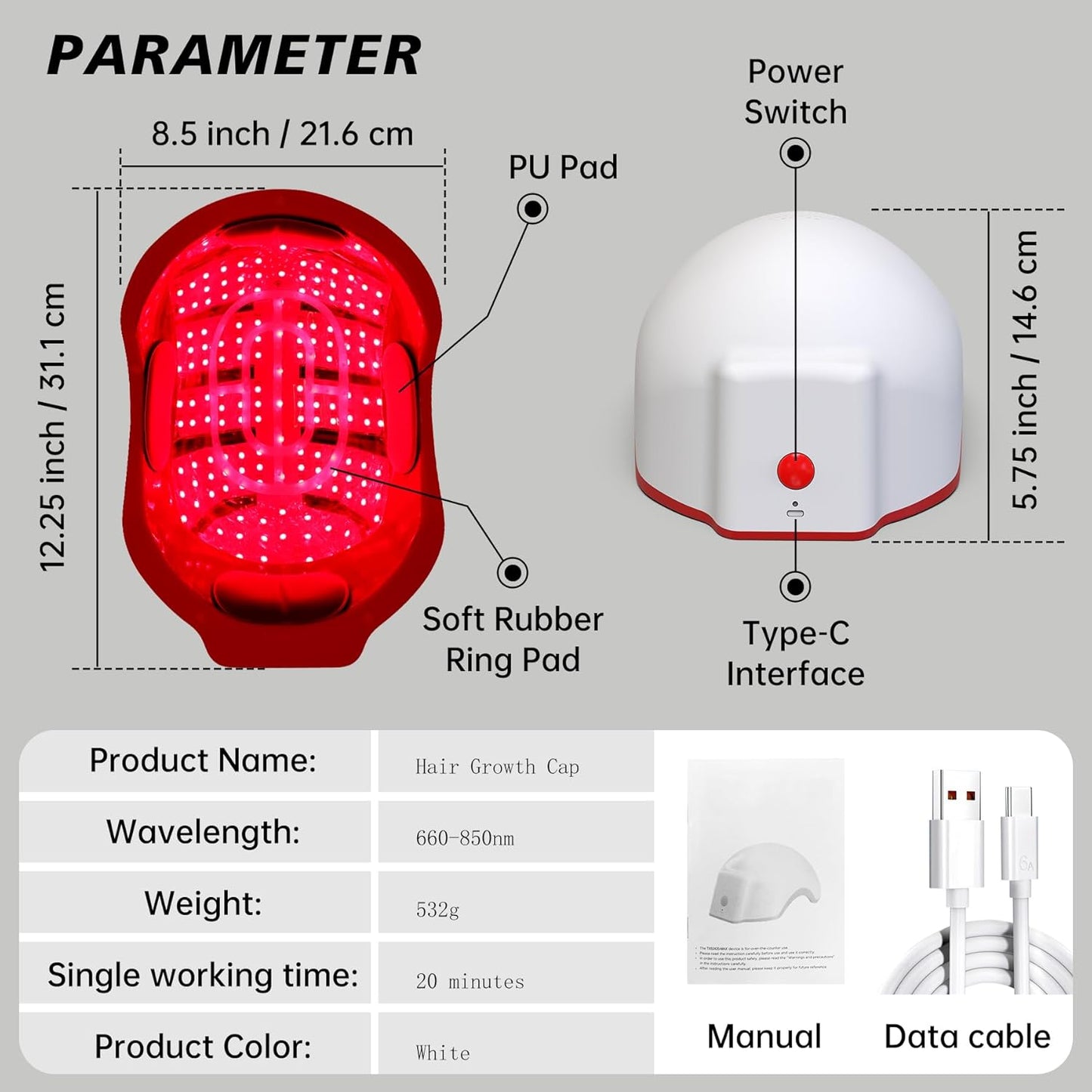 Laser Hair Growth Device, LED Light Therapy Cap, Hair Regrowth Treatment for Men and Women (White)