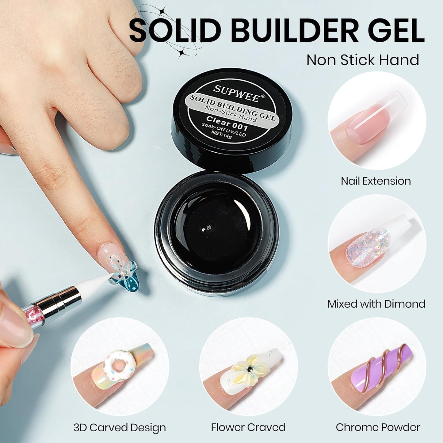 Solid Builder Gel for Nails 3D Nail Sculpture Gel and Nail Rhinestone Glue 3d Gels Nails Art Clear Hard Gels for Christmas Home DIY Manicure