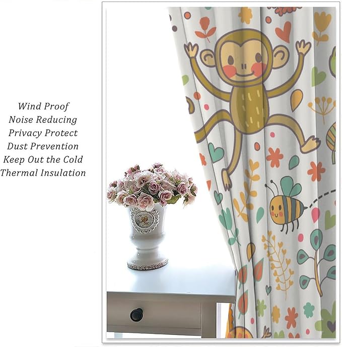 Cute Monkeys Curtains, Zoo Theme Cartoon Funny Animals Crocodile Giraffe Turtle with Flowers Print Thermal Insulation Window Drapes for Kids Boys Girls Baby Bedroom Living Room 52x84in