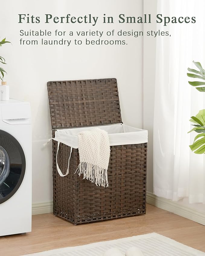 Laundry Hamper with Lid Wicker Laundry Basket 112 L (29.6 Gal) Laundry Hampers Handwoven Rattan Laundry Hamper with Handles 3 Removable Washing Bag, 6 Mesh Bags for Bathroom Bedroom Brown