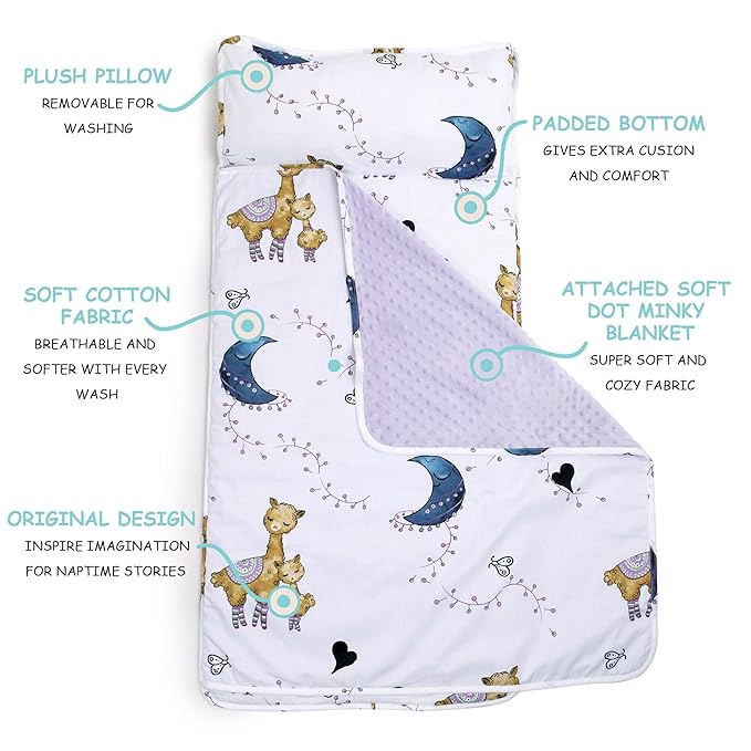 JumpOff Jo Nap Mat for Kids - Cozy Kids Rest Mat with Removable Pillow and Ultra Soft Blanket for Preschool, Daycare, and Sleepovers - Llama & Mama