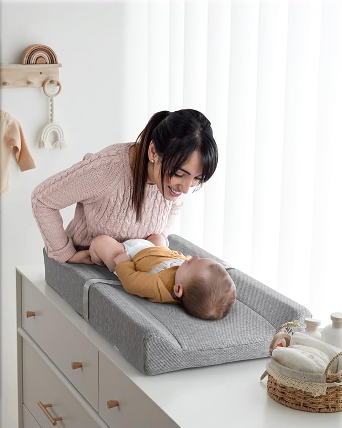 Blissful Diary Baby Changing Pad with Waterproof Lining Foam, Includes a Soft & Washable Cover, Contoured Changing Table Pads for Dresser Top with Non-Slip Bottom, 32”×16” (Grey, Rectangular)