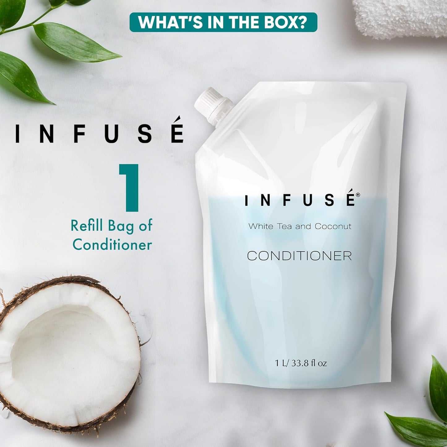 1 Liter Conditioner Refill Bag For Soap Dispensers | Bulk Toiletries for Vacation Rentals, and Home Bathroom Showers | White Tea and Coconut | Single