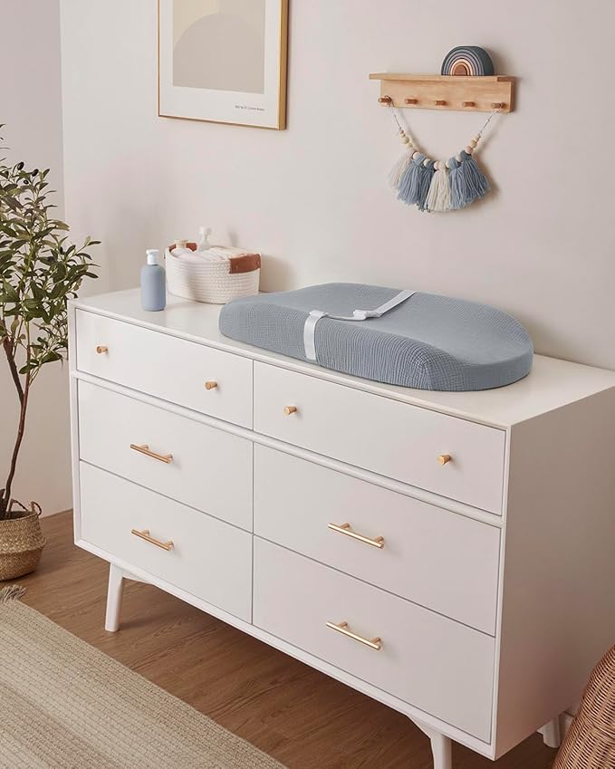 Blissful Diary Muslin Baby Changing Pad with Waterproof Lining Foam, Diaper Changing Table Pad with Cover for Dressers (Gray, Avocado)