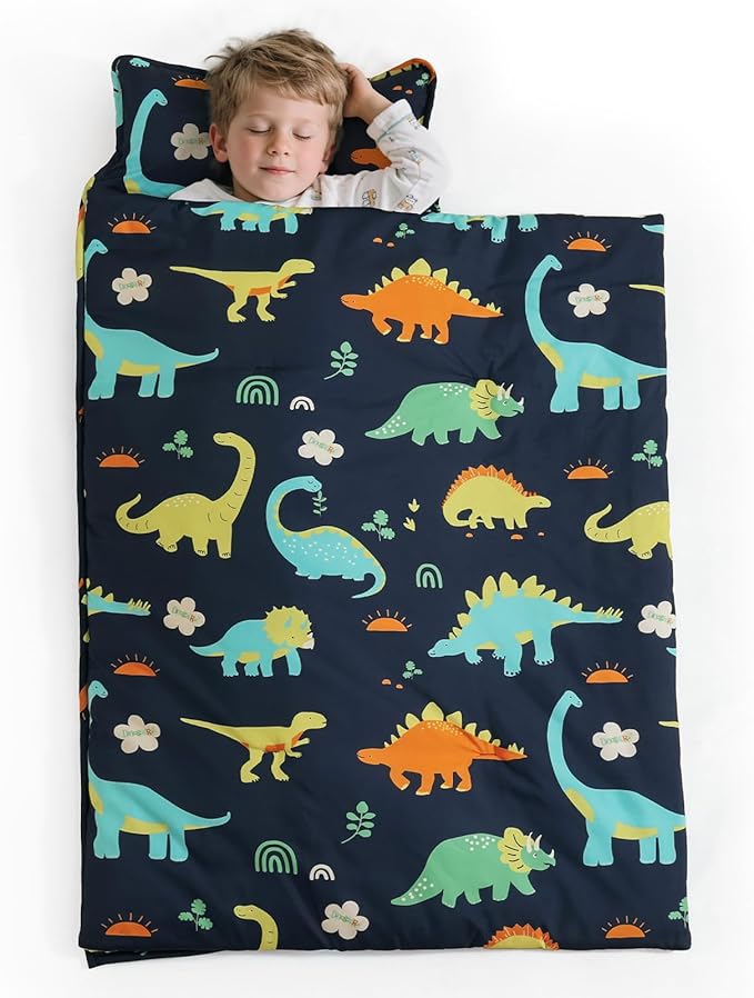 PHF Large Dinosaur Toddler Nap Mat Set, with Removable Pillow for Toddler Boys, Soft and Lightweight for Daycare, Preschool, Travel, Kindergarten Sleeping Bag, Fits Ages 3-6 Years, Large Dinosaur