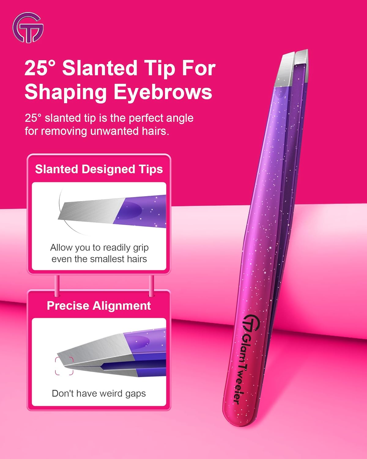 Expert Slant and Point Tip Tweezer Set with Exclusive Storage & Carrying Case, GlamTweeler Sharp & Precision Tweezer Set for Eyebrows, Facial Hairs & Fine Hairs Removal (Sparkle Deep Voilet + Silver)