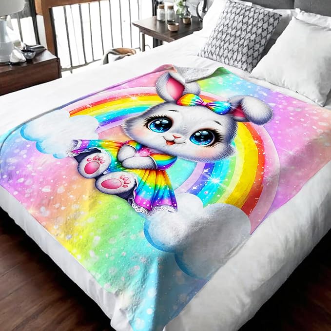 Blanket for Girls, Bunny Throw for Kids Teens Rabbit Lovers 60x80 Inches Lightweight Soft Cute Rainbow Print Throw Blankets for Sofa Couch Living Room Bed