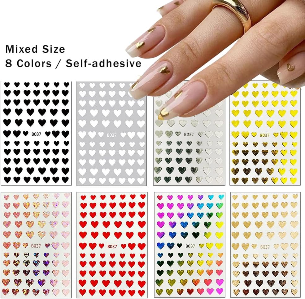 8 Sheets Heart Nail Art Stickers 3D Self-Adhesive Heart Nail Decals Cute Valentines Day Nail Art Decoration for Women Girls