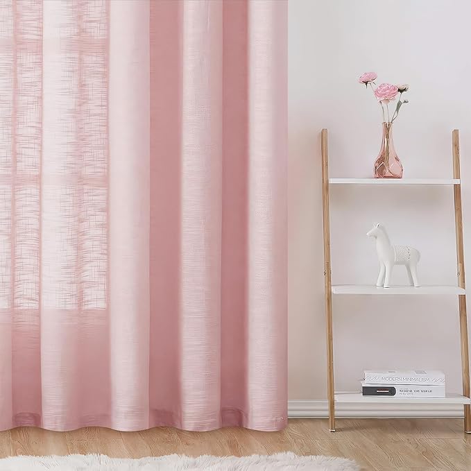 FMFUNCTEX Linen Semi Sheer Curtains for Bedroom, Blush Pink Curtains 72 Inch Length for Living Room, Country Farmhouse Sheer Drapes, Light Filtering Window Curtain, Grommet Top 2 Panels