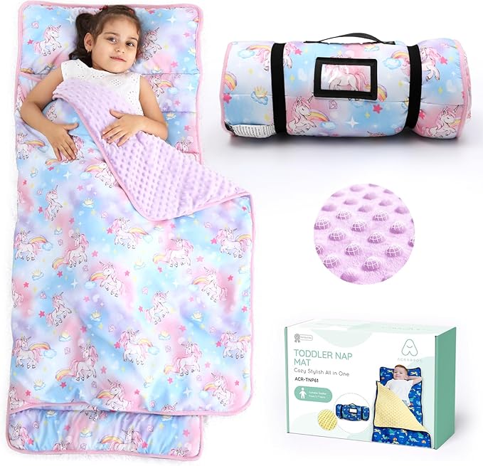 ACRABROS Toddler Nap Mat with Pillow and Blanket, Extra Large Rolled Napping Mats,Slumber Bags for Boys Girls,Kids Sleeping Bag for Daycare, Preschool Travel Camping,Colorful Unicorn
