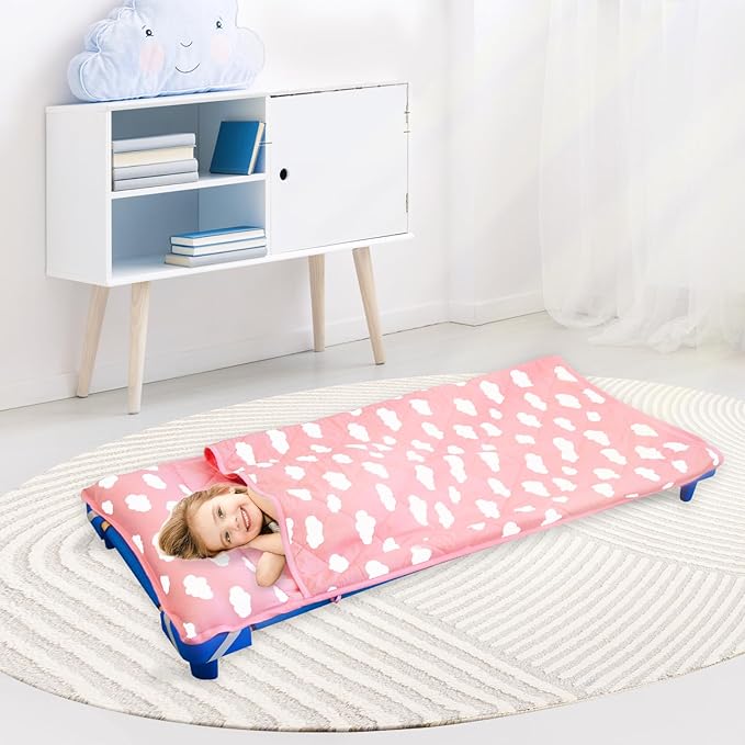 Biloban Toddler Nap Mat with Pillow and Blanket, Cot Nap Mats for Standard Daycare Preschool, Portable Sleeping Bag for Kids, Super Soft Cozy, Pink Cloud, 52" x 23"