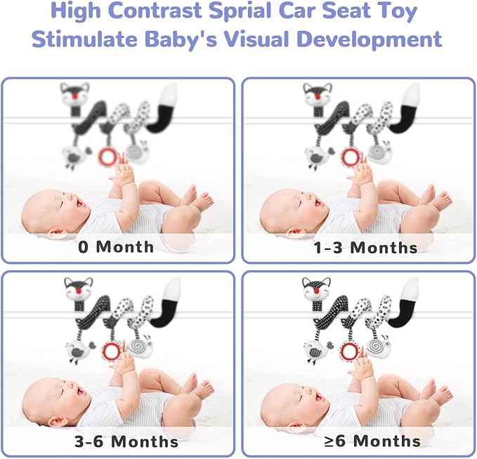 XIXILAND Baby Spiral Plush Toys, Black and White Baby Car Seat Toys, High Contrast Infant Newborn Toy 0-6 Months for Stroller Crib Mobile, Sensory Toy Best Gift for 0 3 6 9 12 Months Boys Girls